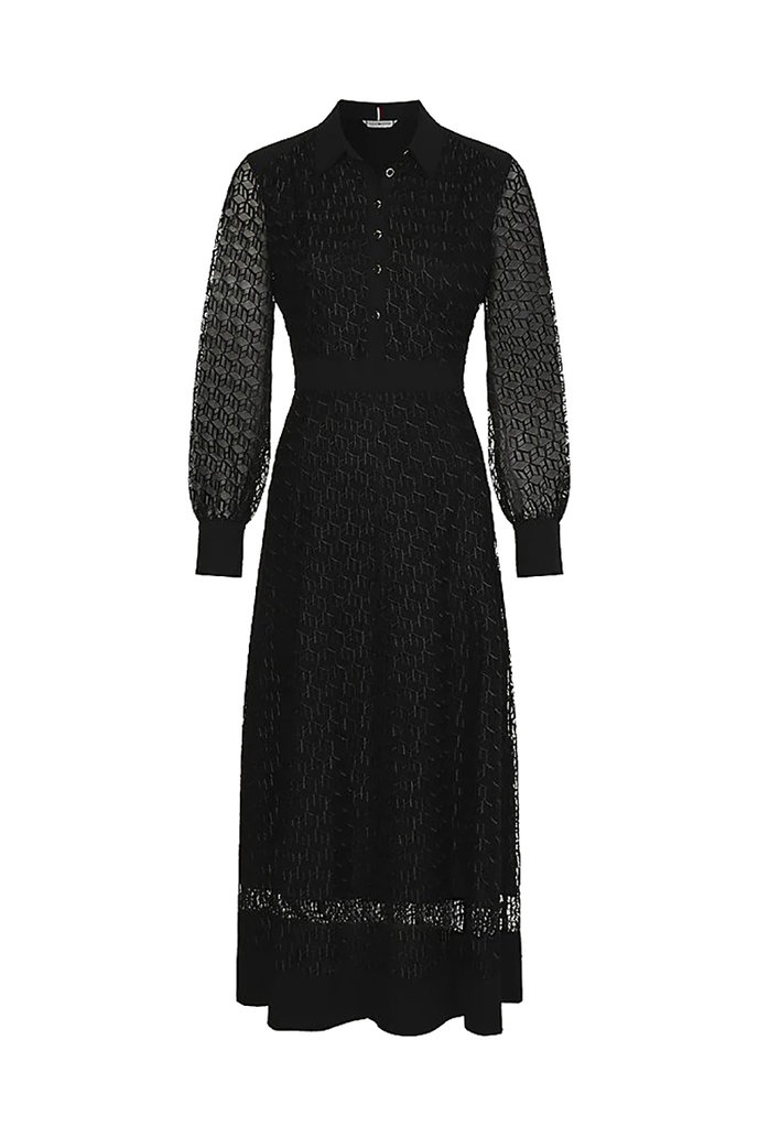 MESH EMB F&amp;F MAXI DRESS LS čierne